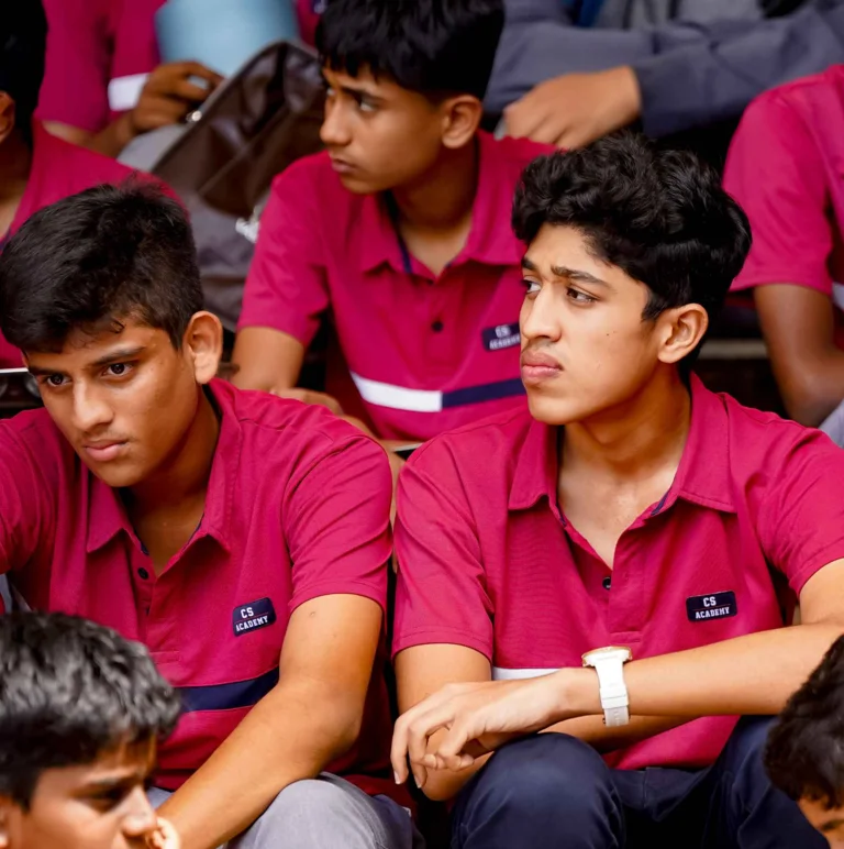 Students in magenta polo shirts with CS Academy logo seated in rows, attentively watching an event or assembly